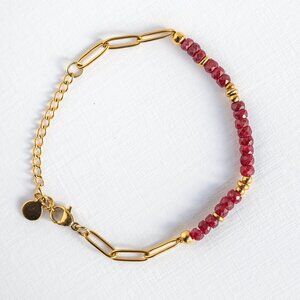 Genuine Ruby Faceted Rondelle Beaded Bracelet Non-Tarnish Gold Chain Pretty Gift